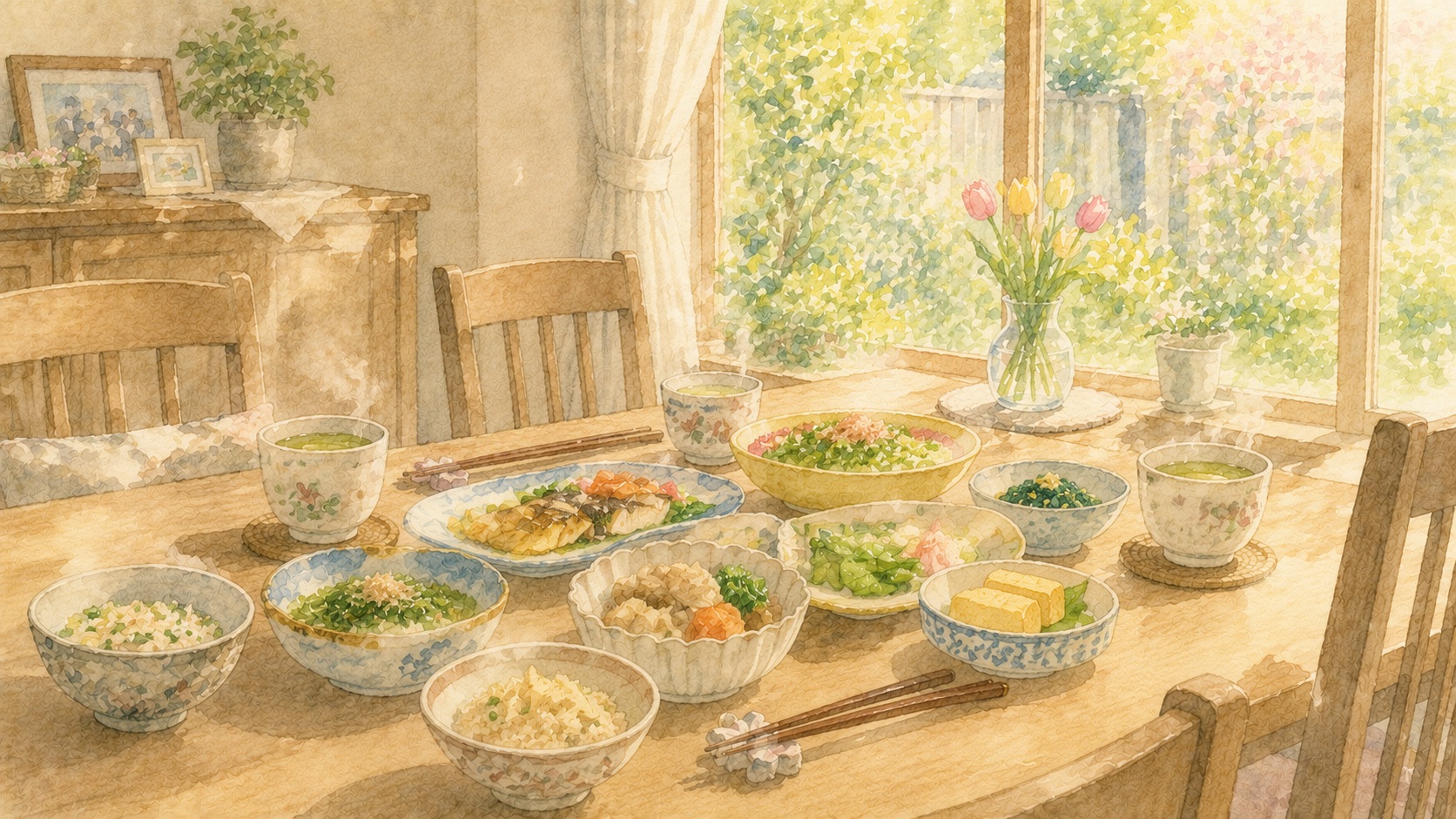 ゴールデンウィークの帰省、実家の食卓を囲むひとときの水彩イラスト