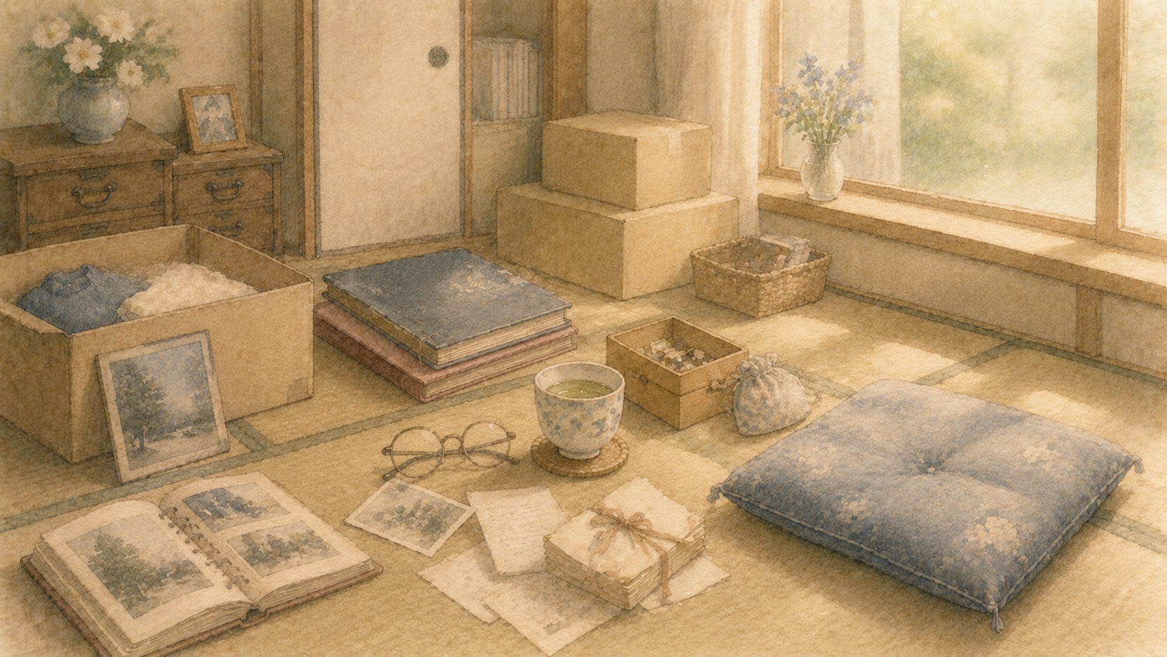 一人っ子がひとりで親の遺品に向き合う水彩イラスト