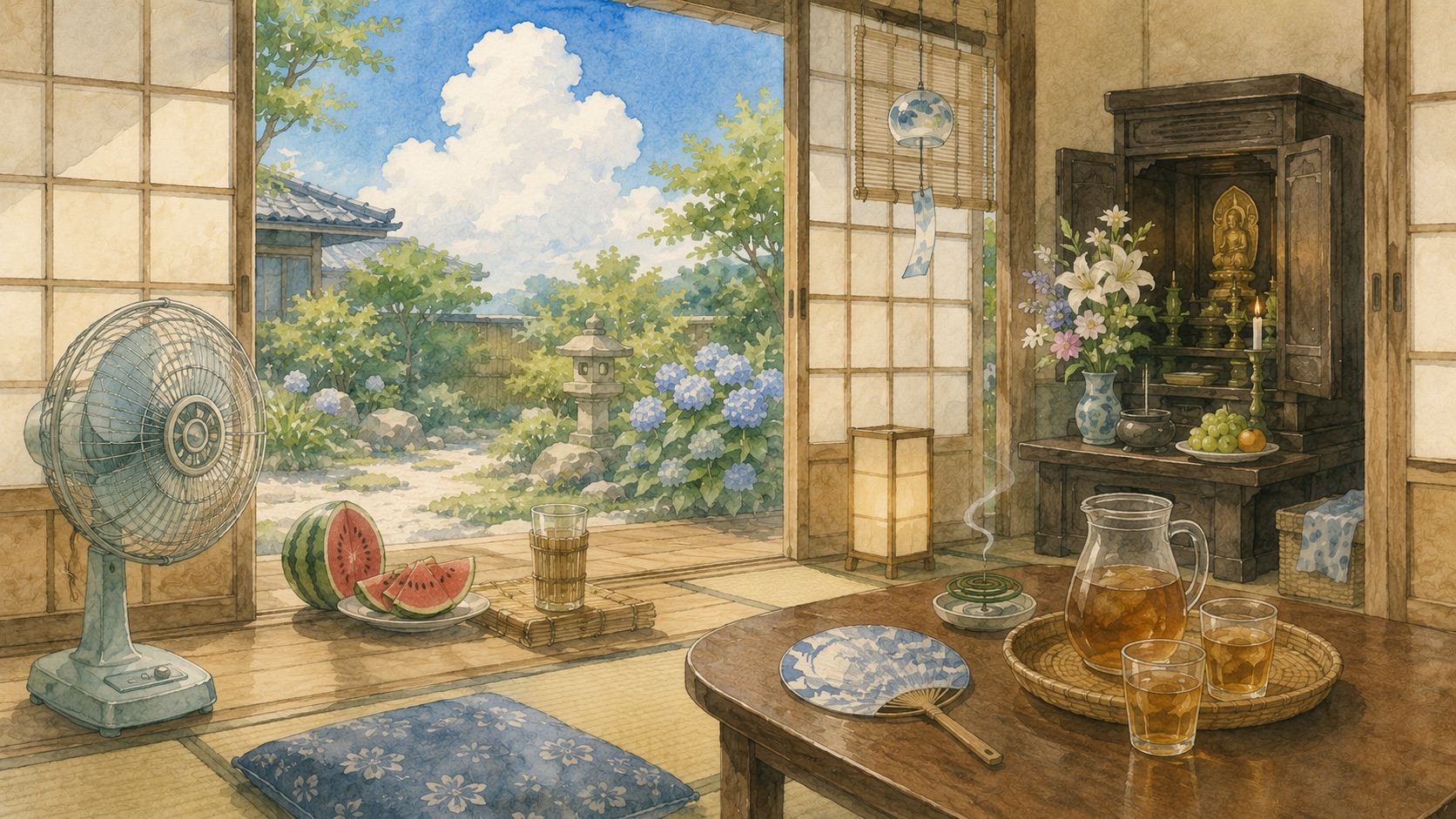 お盆の帰省、夏の実家の縁側で過ごすひとときの水彩イラスト