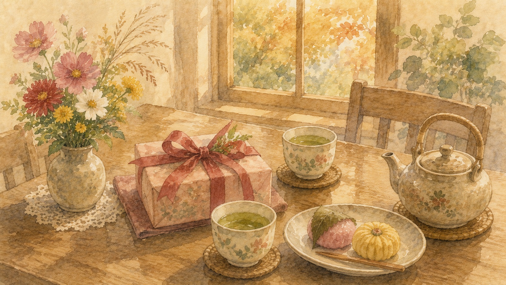敬老の日、親と過ごす穏やかなお茶の時間の水彩イラスト