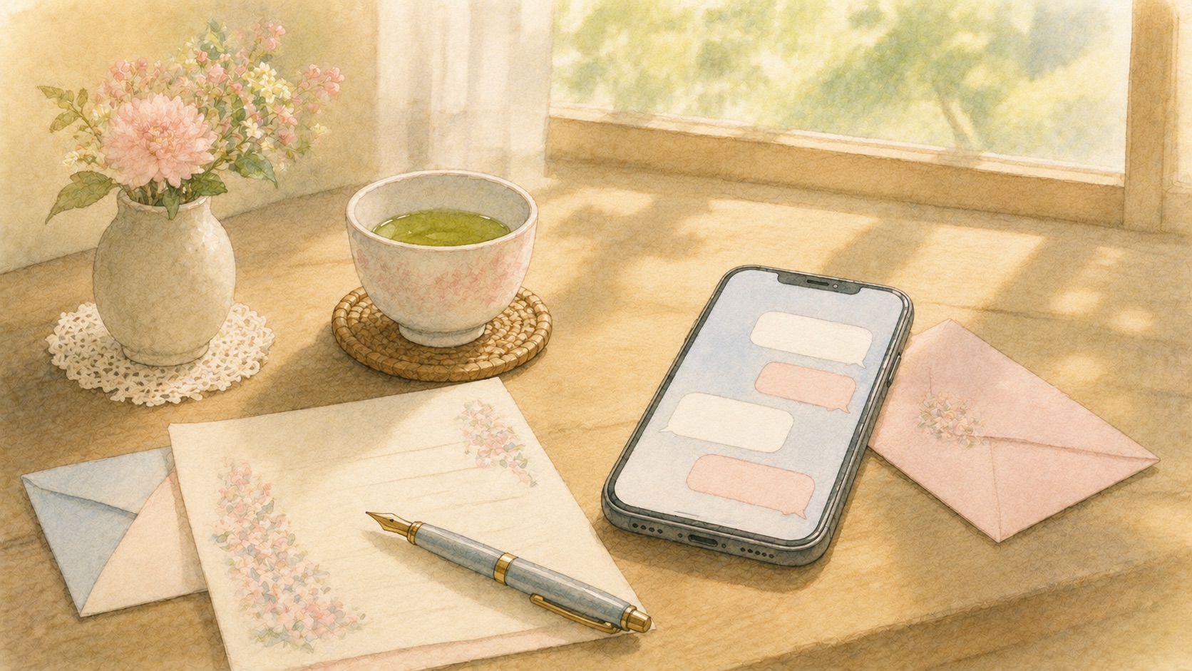 LINEや手紙で親にそっと気持ちを伝える水彩イラスト