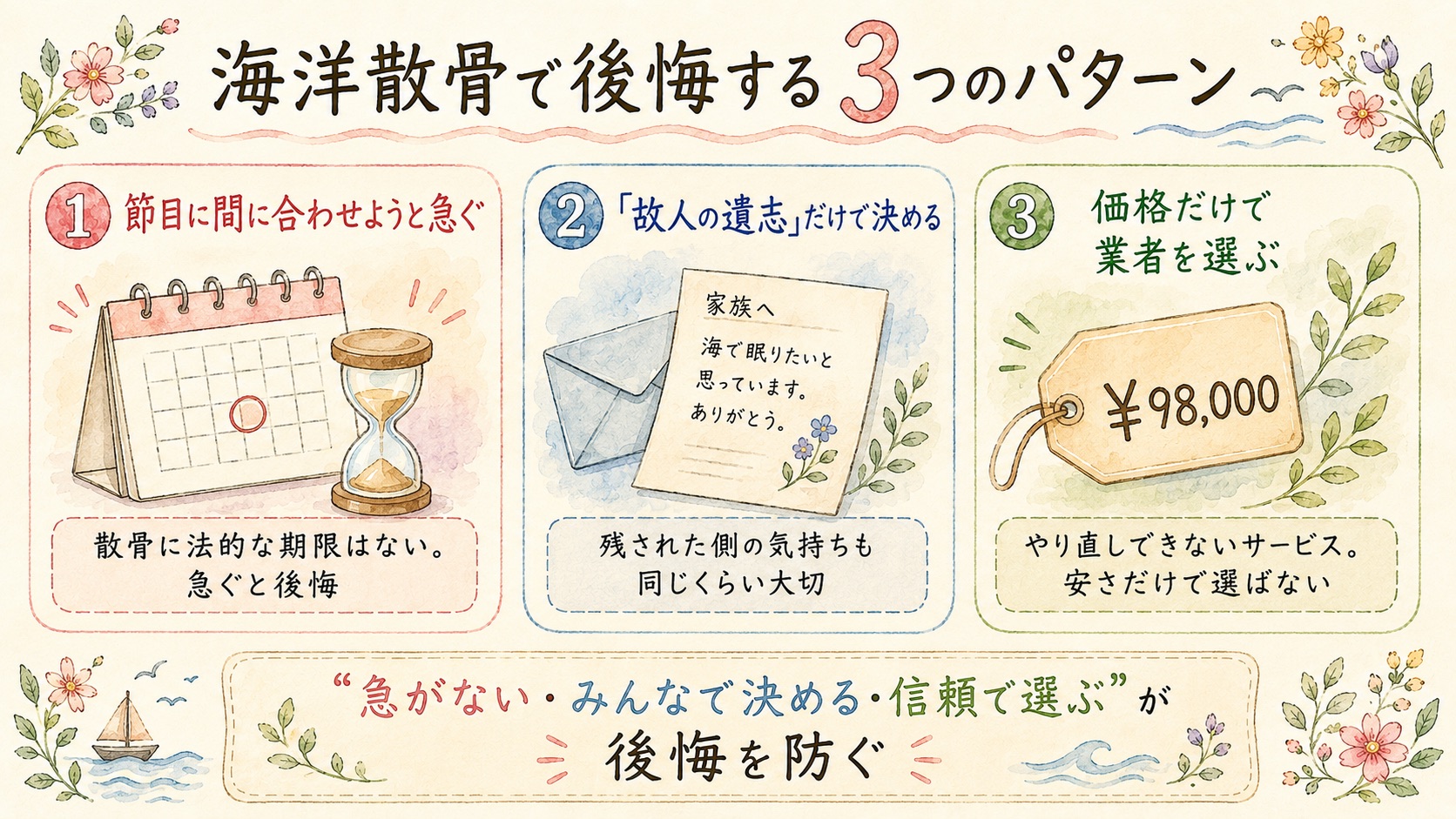 海洋散骨で後悔する3つのパターンの図解