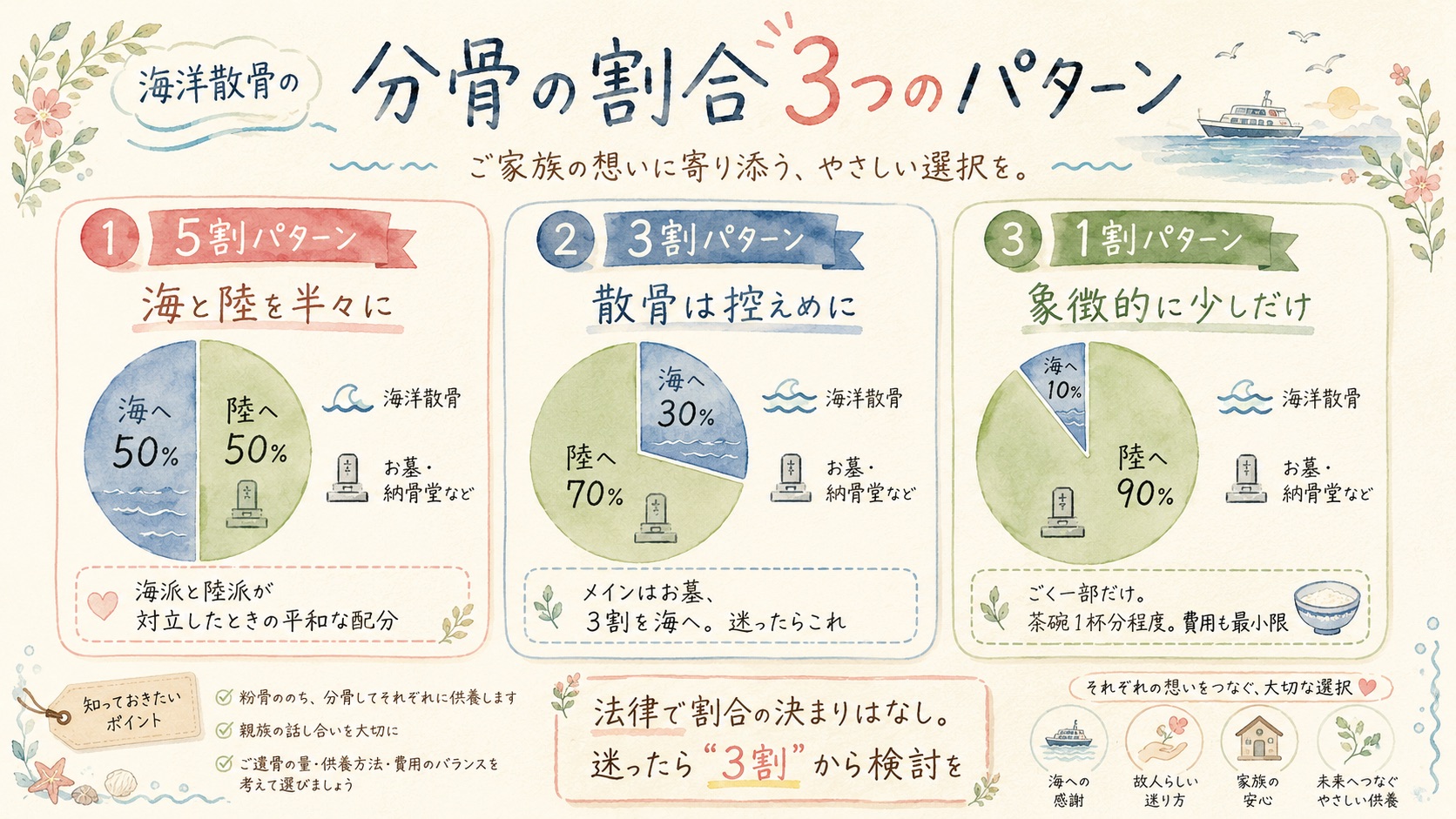 海洋散骨の分骨割合3パターンの図解