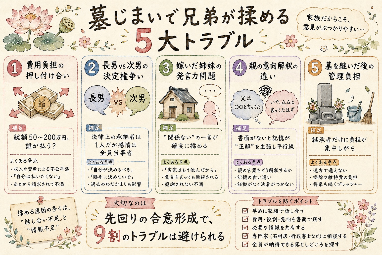 墓じまいで兄弟が揉める5大トラブルの図解