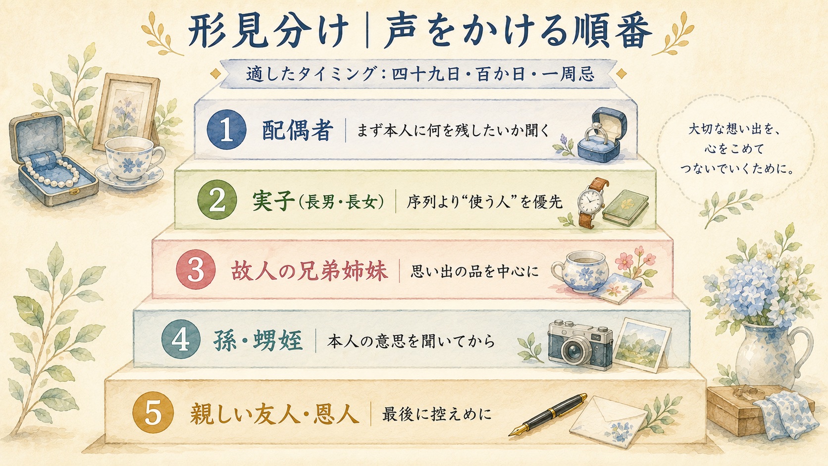 形見分けで声をかける順番（配偶者→実子→兄弟姉妹→孫甥姪→友人）のステップ図解