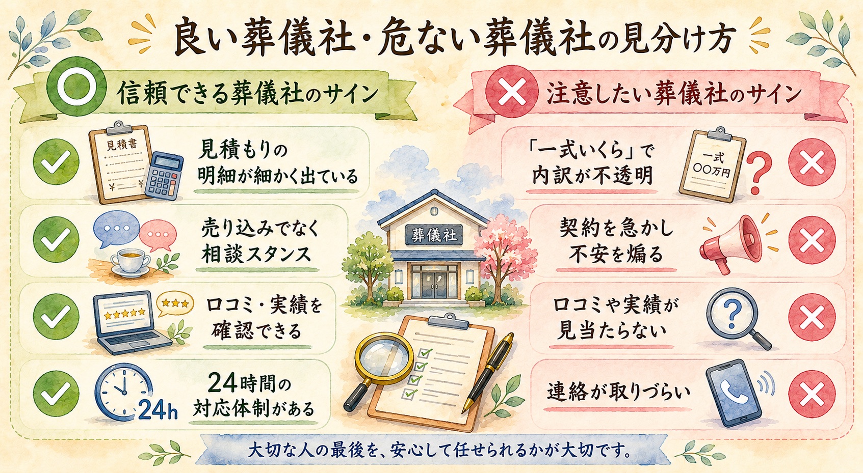 良い葬儀社と危ない葬儀社の見分け方（信頼サインと注意サインの対比）の図解