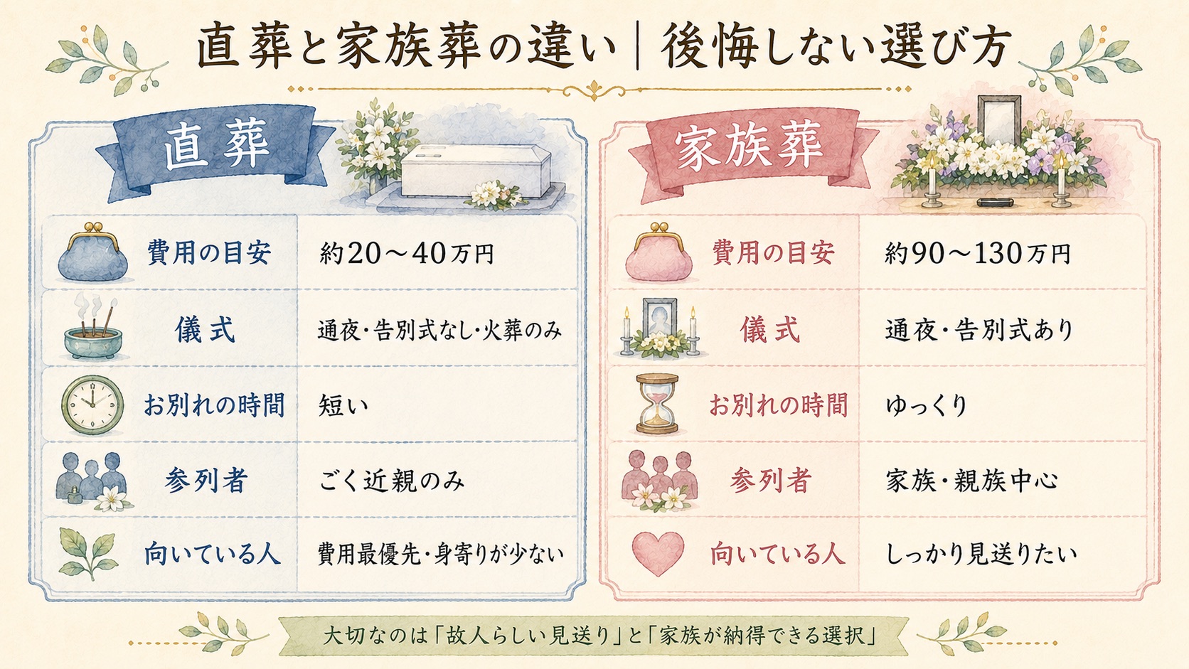 直葬と家族葬の違い（費用・儀式・お別れの時間・参列者・向いている人）の対比図解