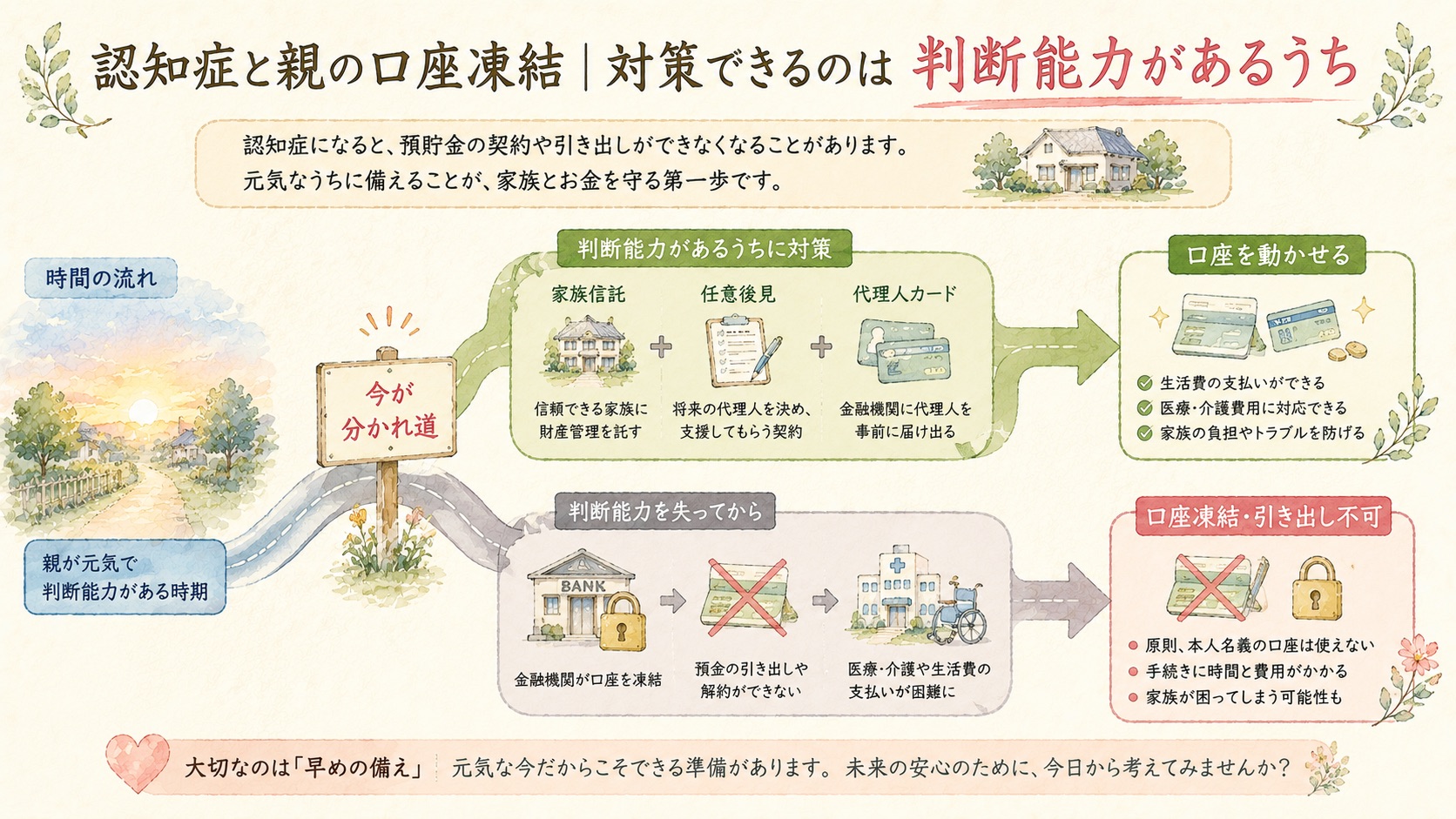 認知症と口座凍結｜判断能力があるうちに対策できるかで分かれる図解