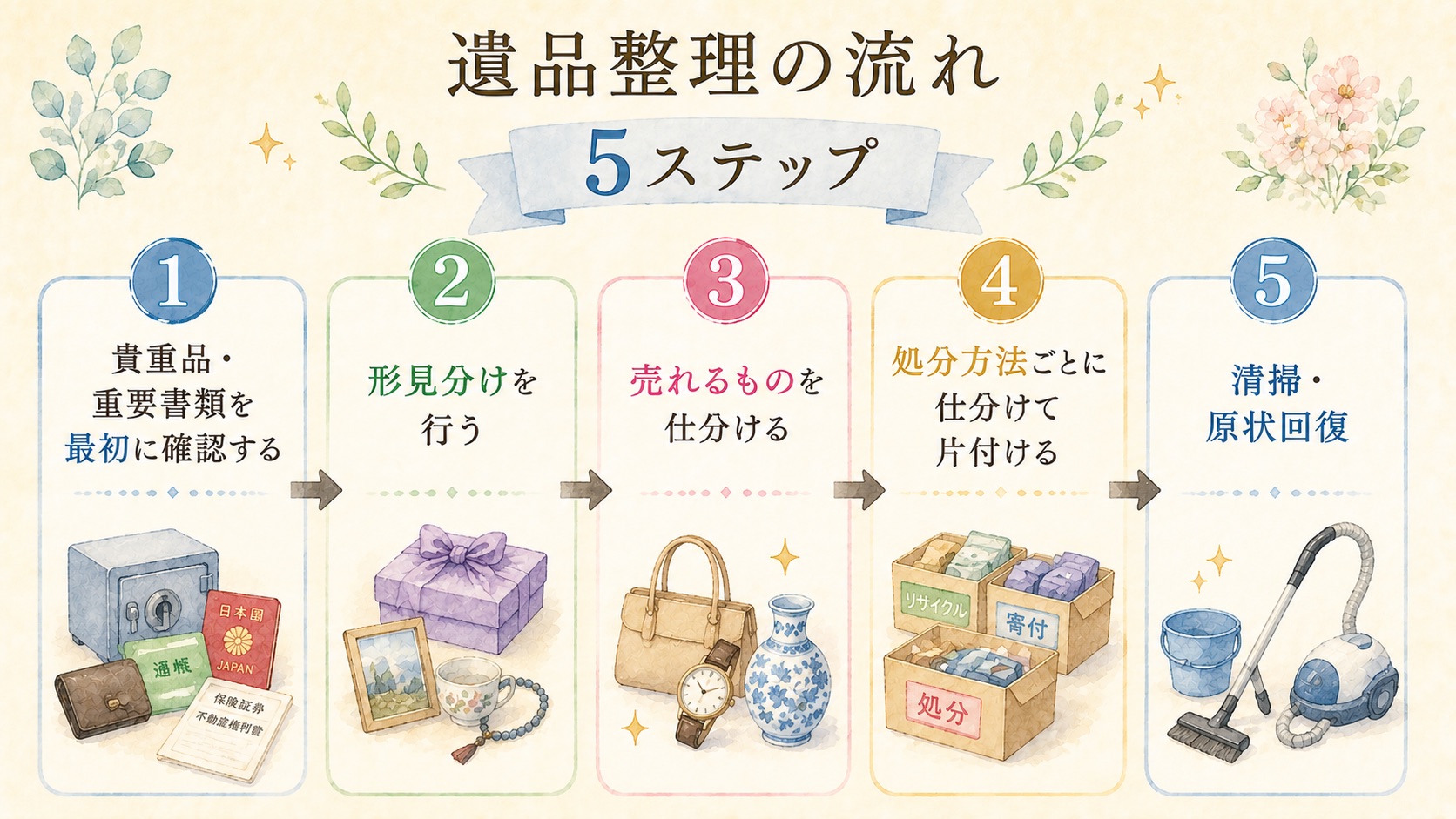 遺品整理の流れ5ステップの図解