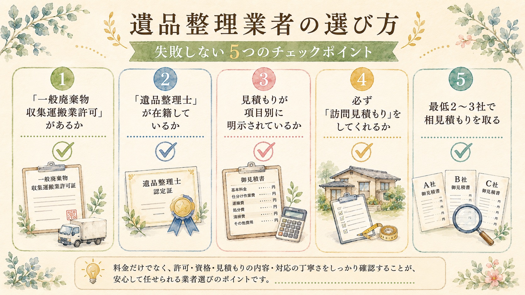 遺品整理業者の選び方｜確認したい5つのチェックポイントの図解