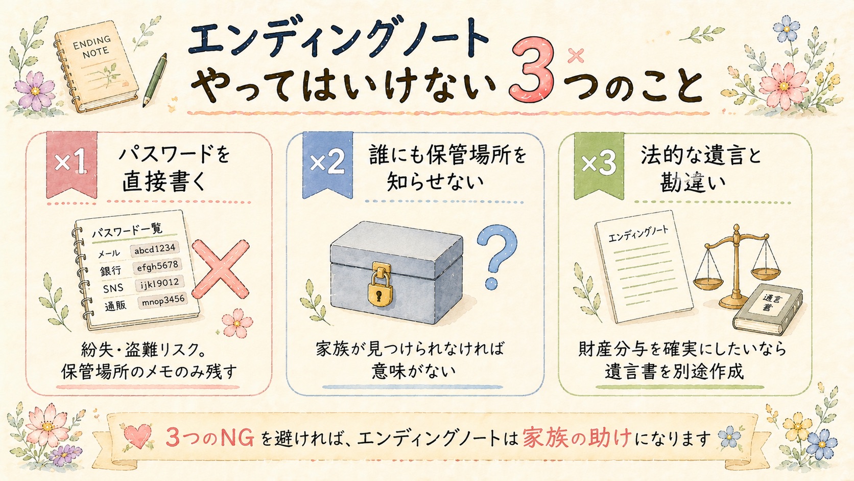 エンディングノートでやってはいけない3つのことの図解