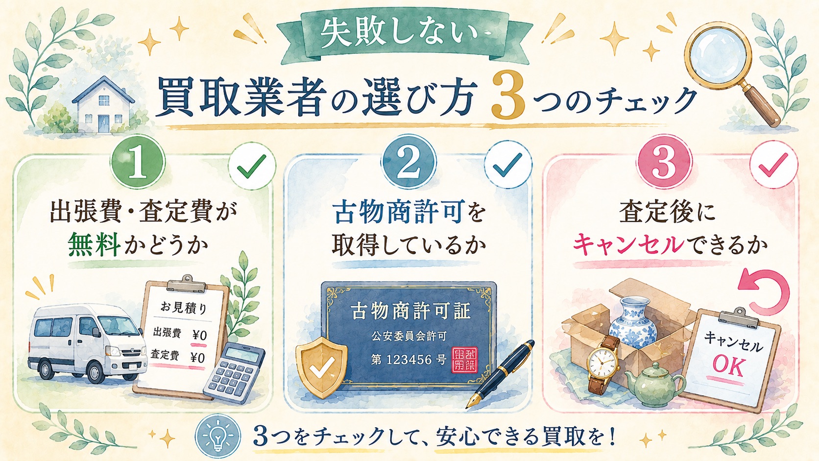後悔を減らす買取業者の選び方3つのチェックの図解