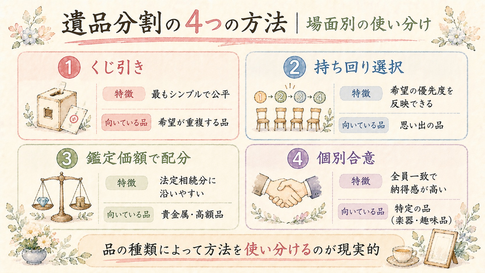 遺品分割の4つの方法と使い分けの図解