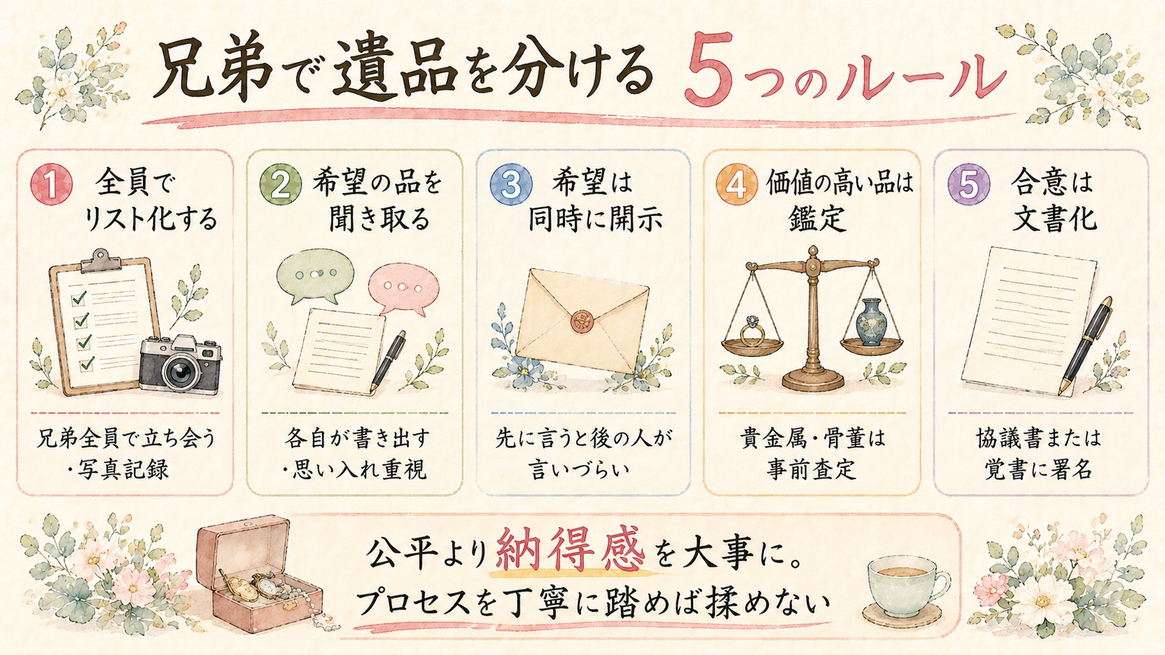 兄弟で遺品を分ける5つのルールの図解