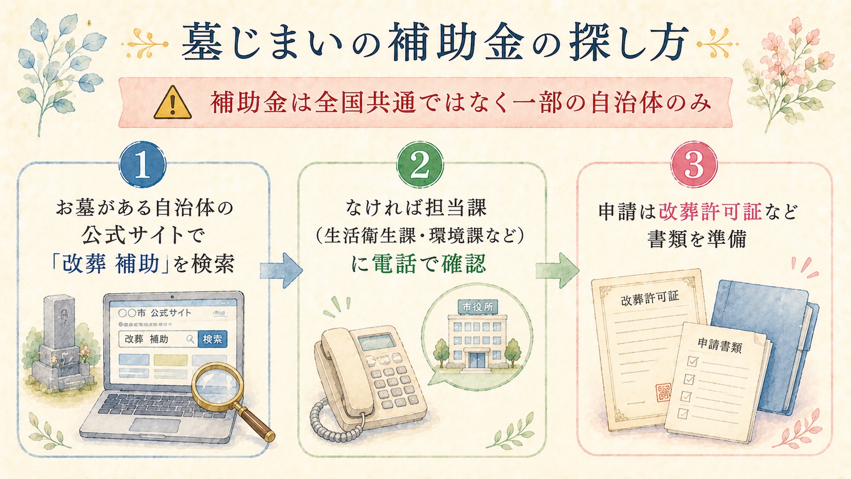 墓じまいの補助金の探し方フローの図解