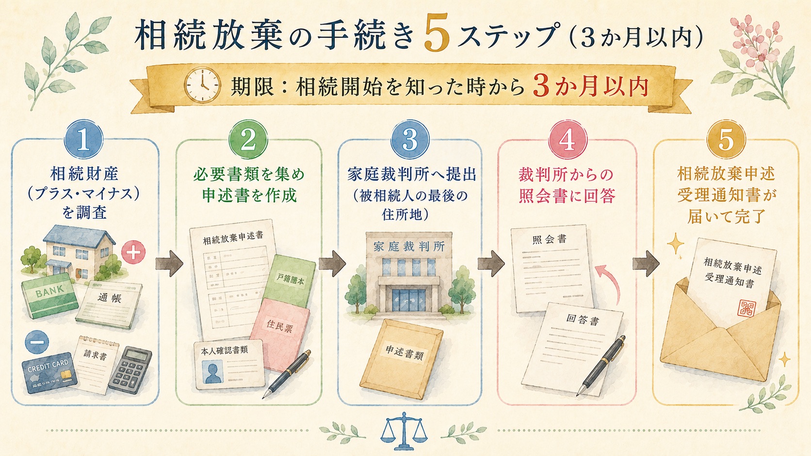 相続放棄の手続き5ステップ（3か月以内）の図解
