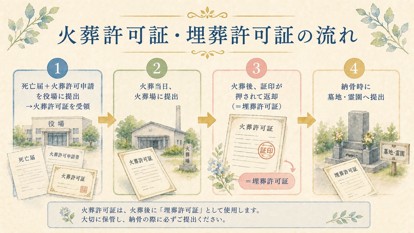 火葬許可証・埋葬許可証の流れ4ステップの図解