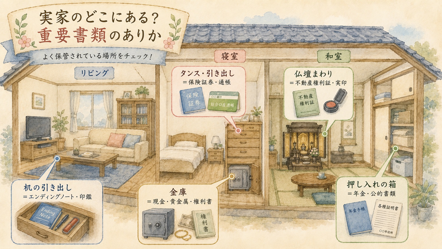 実家のどこにある？重要書類の保管場所マップの図解