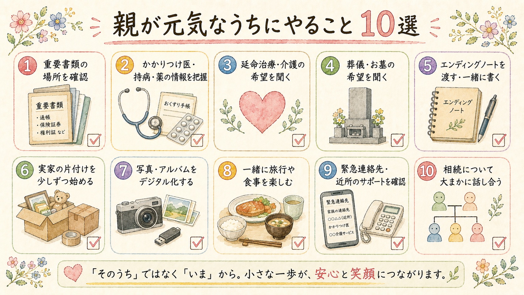 親が元気なうちにやっておくこと10選のチェックリスト図解