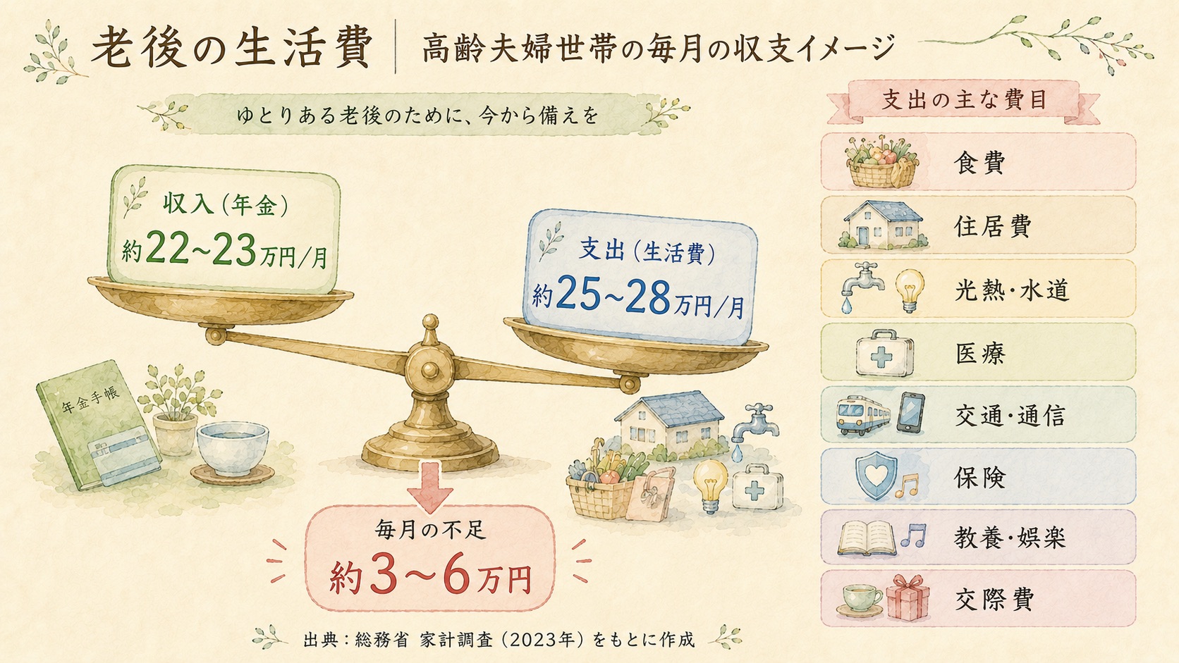 老後の生活費｜高齢夫婦世帯の毎月の収支イメージ（収入と支出のバランス図）