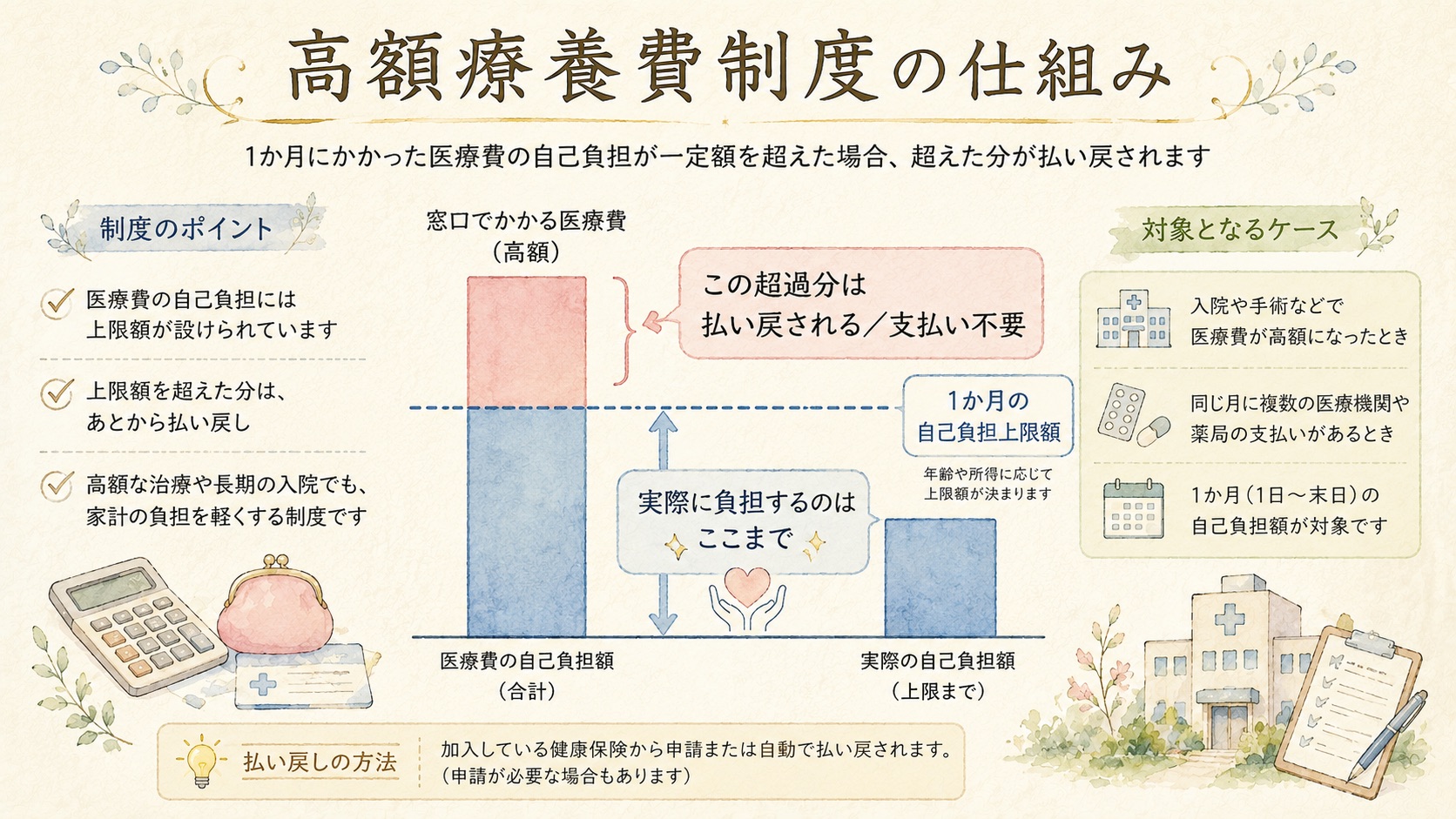 高額療養費制度の仕組み｜自己負担の上限額を超えた分が払い戻される図解