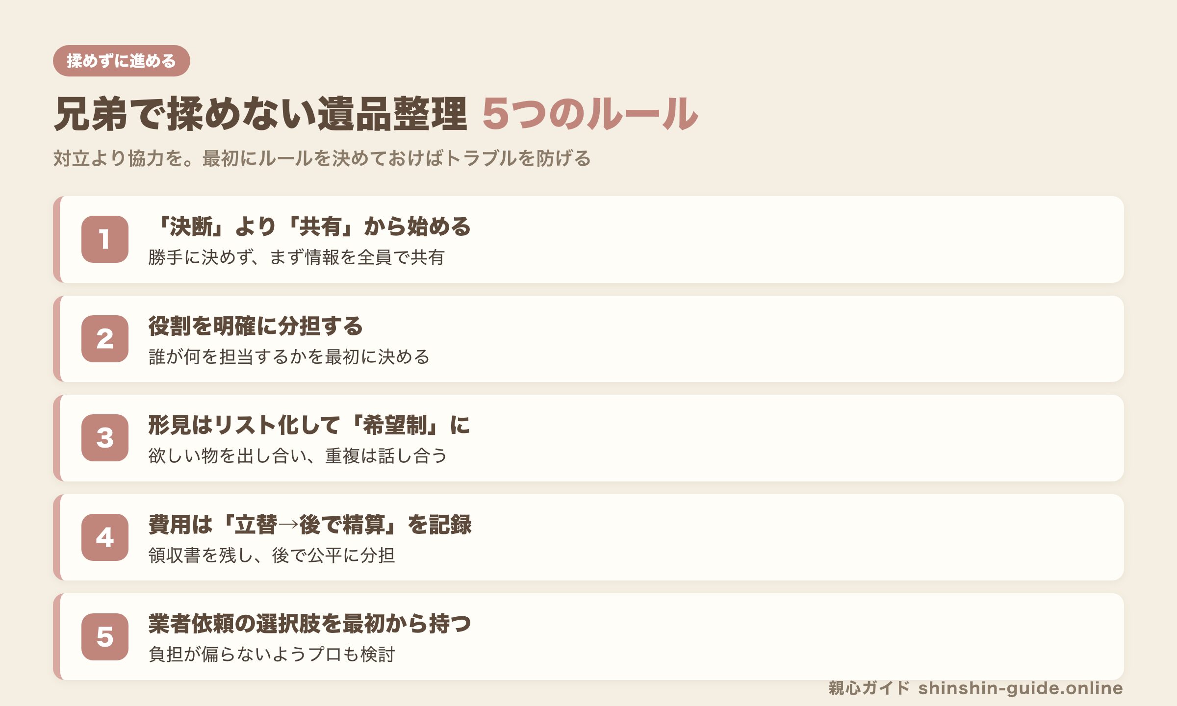 兄弟で揉めない遺品整理5つのルールの図解
