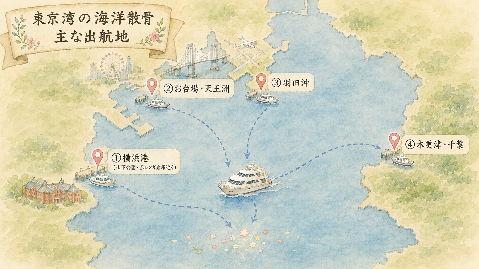 東京湾の海洋散骨 主な出航地（横浜港・お台場天王洲・羽田沖・木更津千葉）の地図