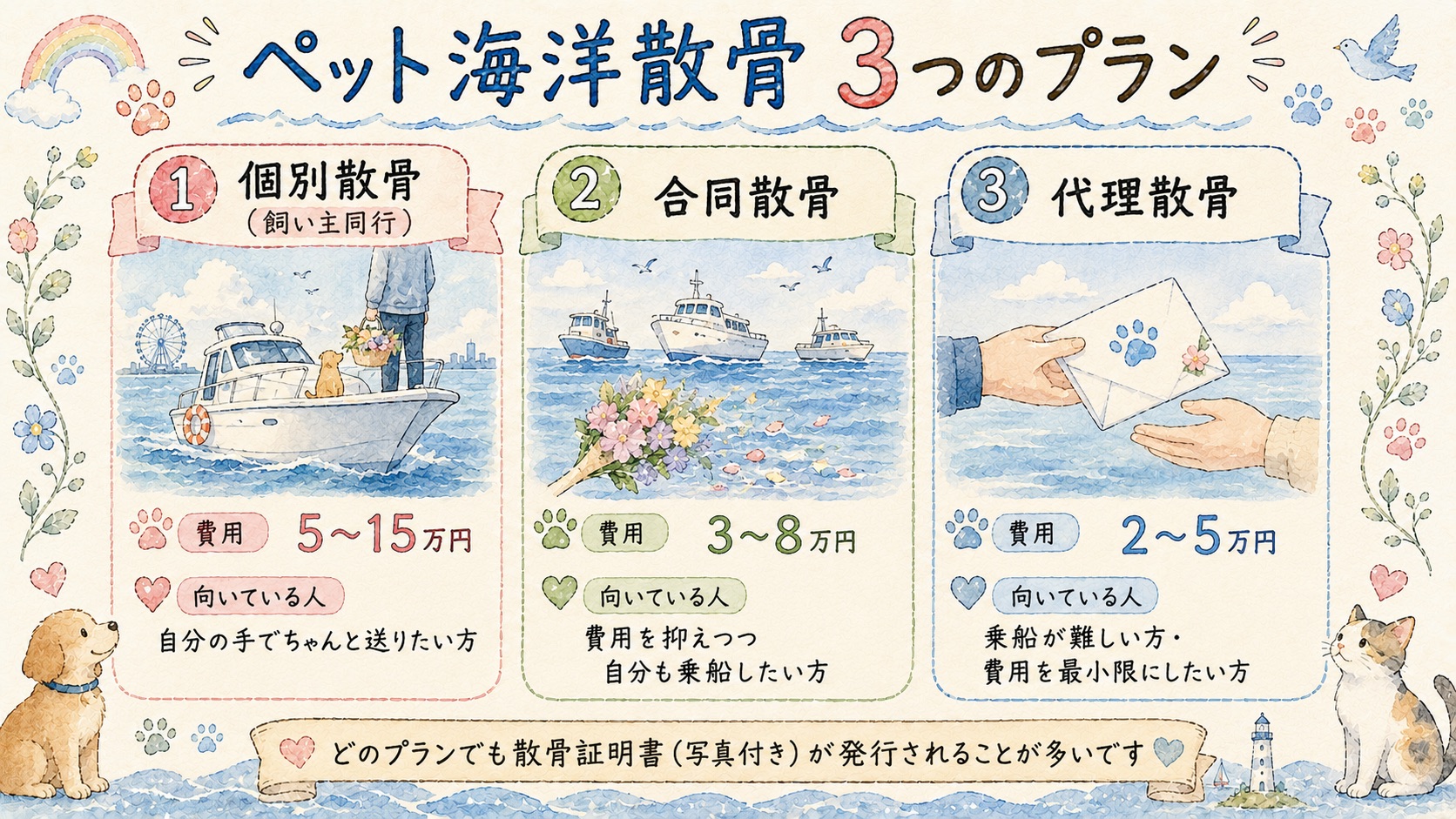 ペット海洋散骨3つのプランの比較図
