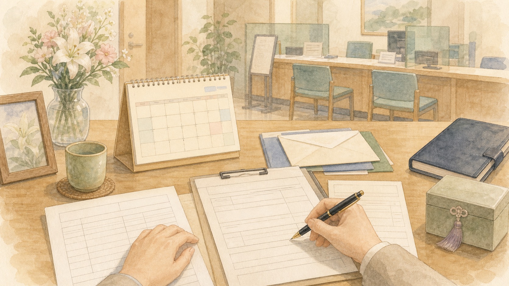 火葬許可証と埋葬許可証に関する手続き書類を整理する水彩イラスト