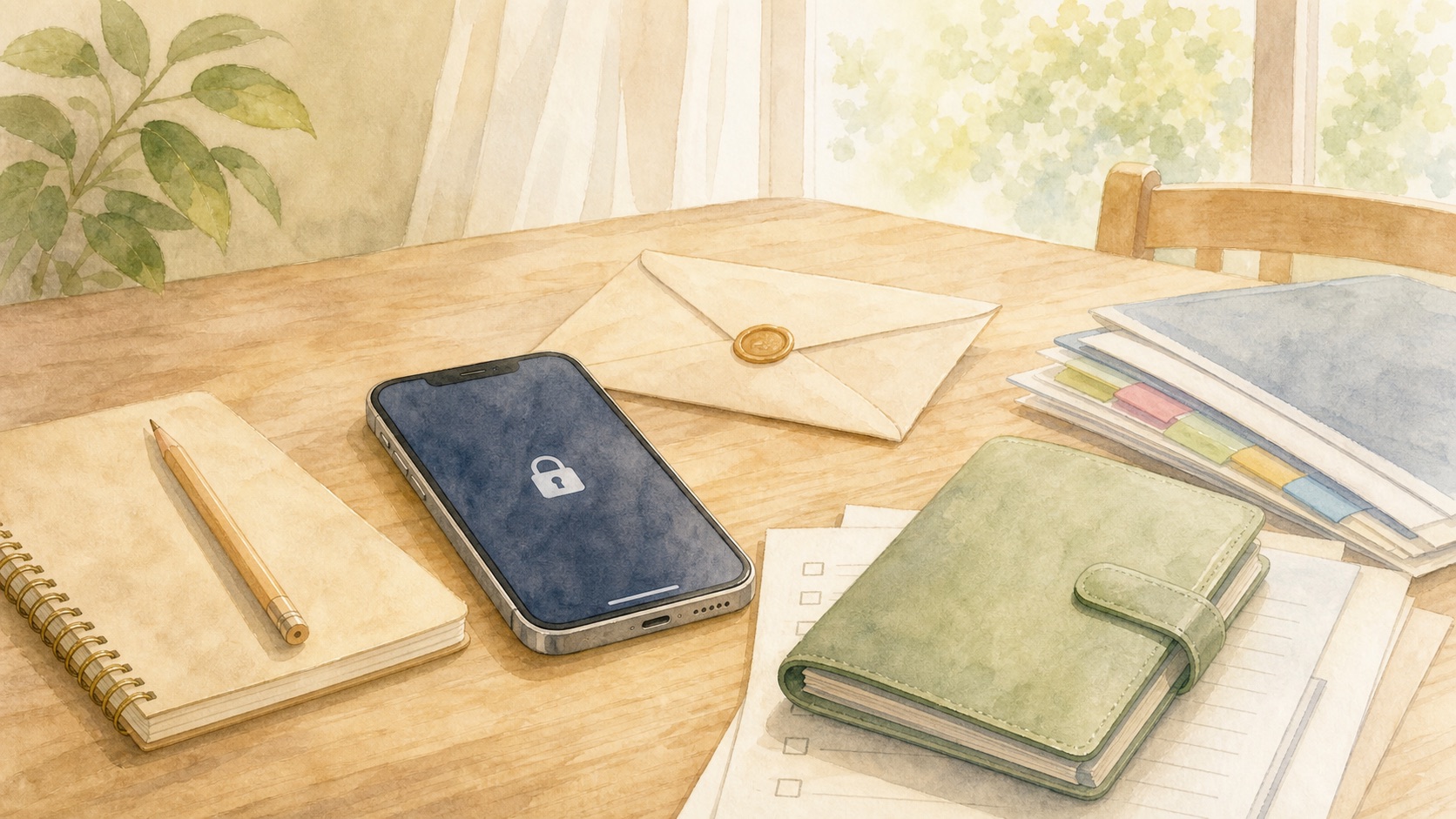 親のスマホやパスワードの所在を整理するためのノートと書類の水彩イラスト
