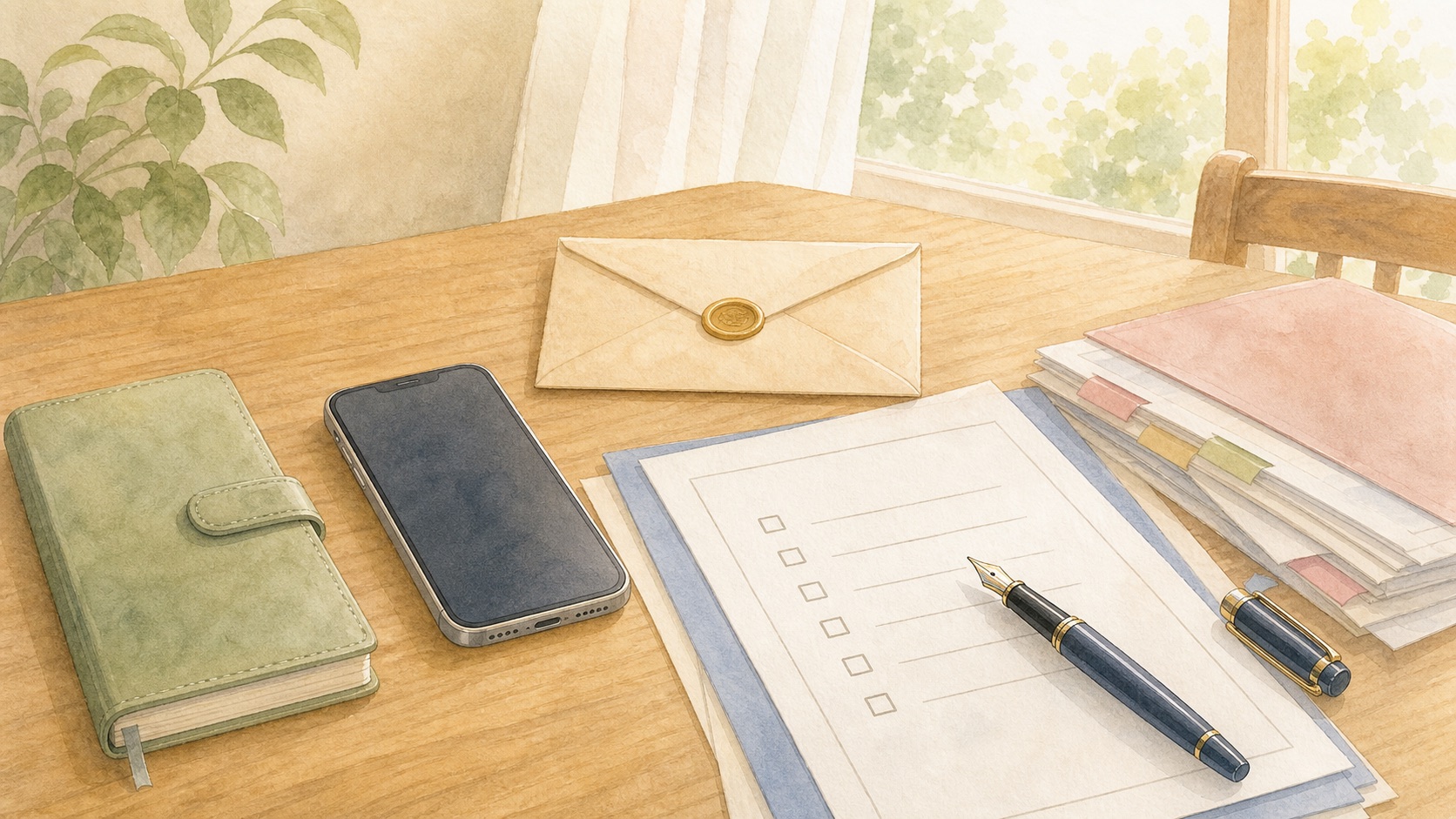デジタル遺言や終活情報を慎重に確認するための書類とスマホの水彩イラスト