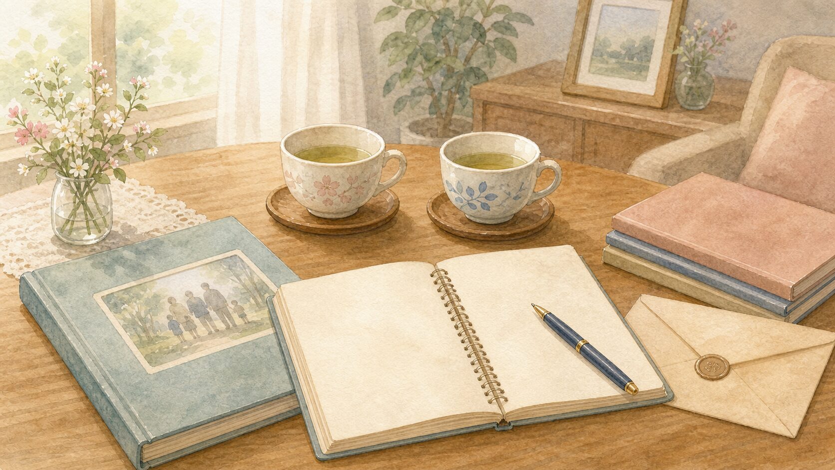 家族で供養の希望を話し合う前のテーブルの水彩イラスト