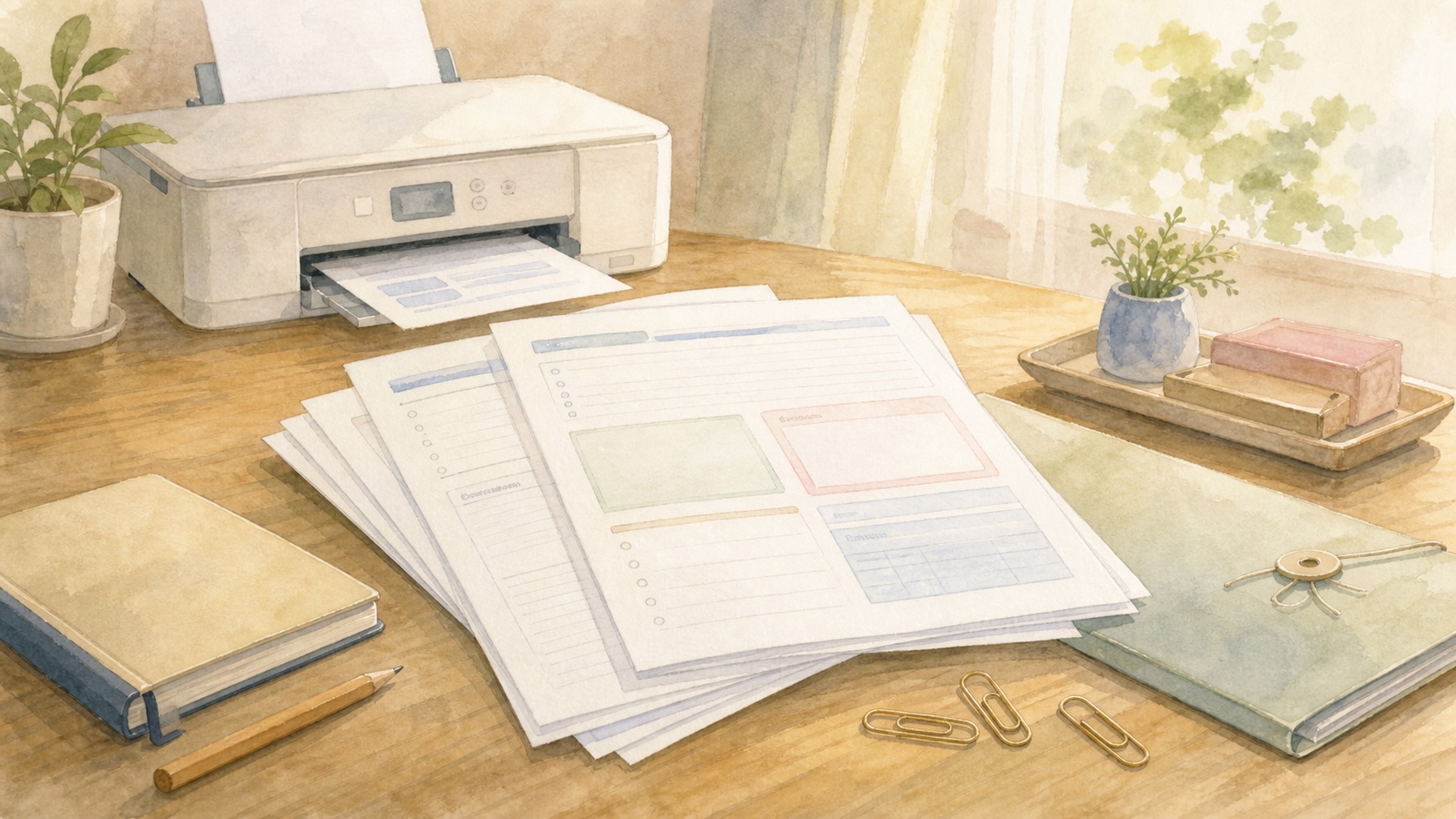 エンディングノートの無料テンプレートを印刷して準備する水彩イラスト