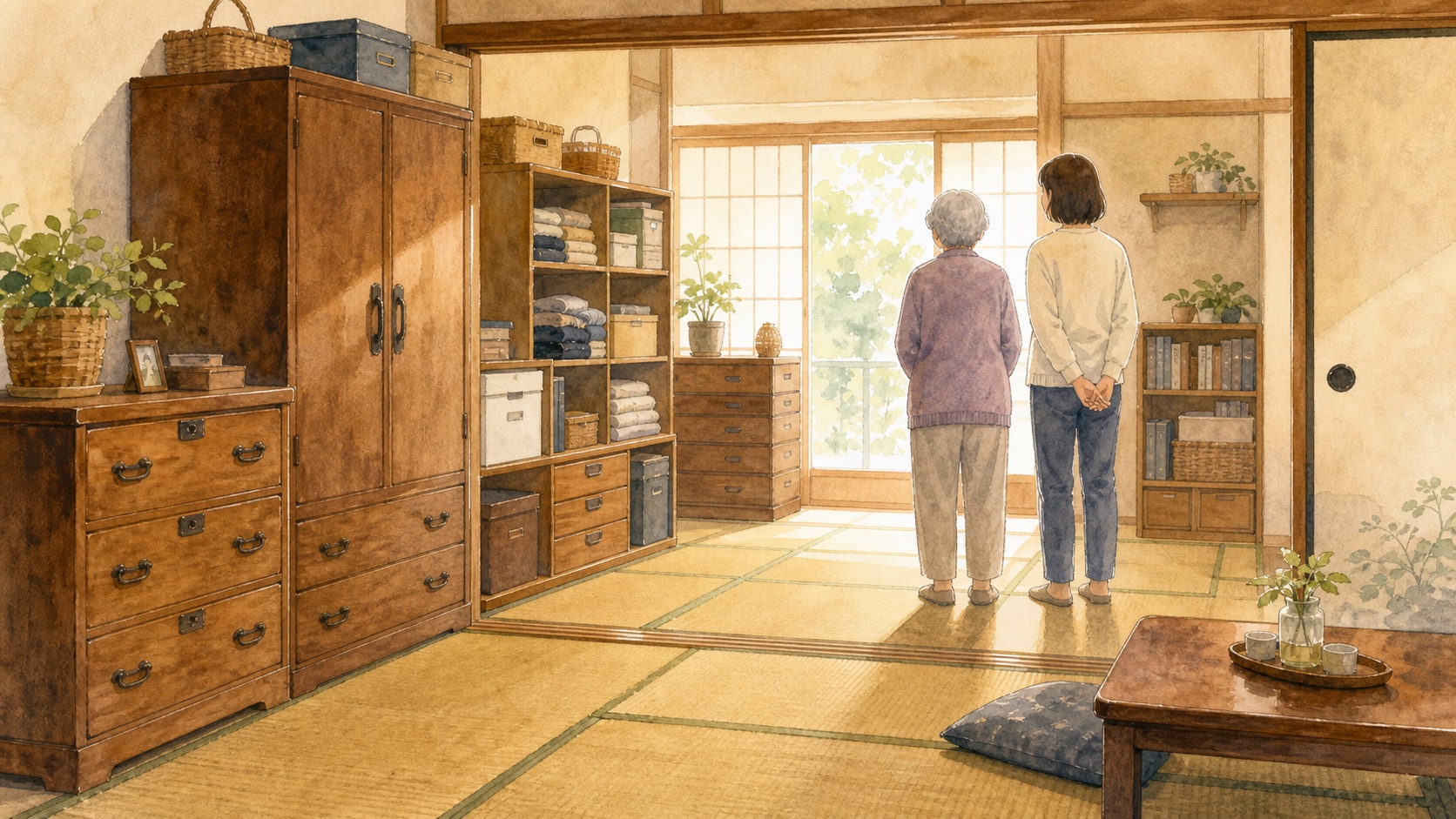 片付け後の実家の部屋を親子で眺めている水彩イラスト