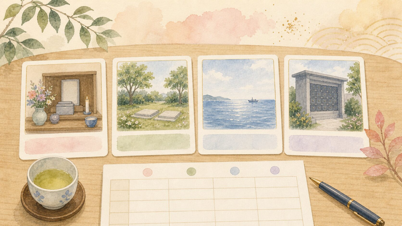 墓じまい後の供養先を比べるための水彩イラスト