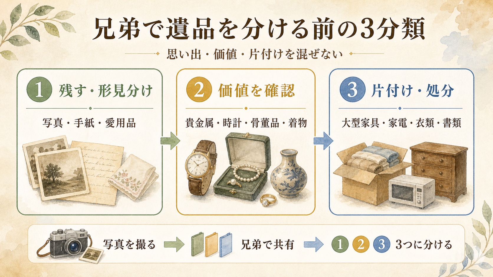 兄弟で遺品を分ける前に残す物・価値を確認する物・片付ける物へ3分類する図解