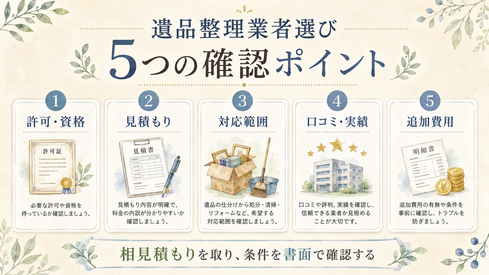 遺品整理を自分で進めるか業者へ相談するかを確認する図解