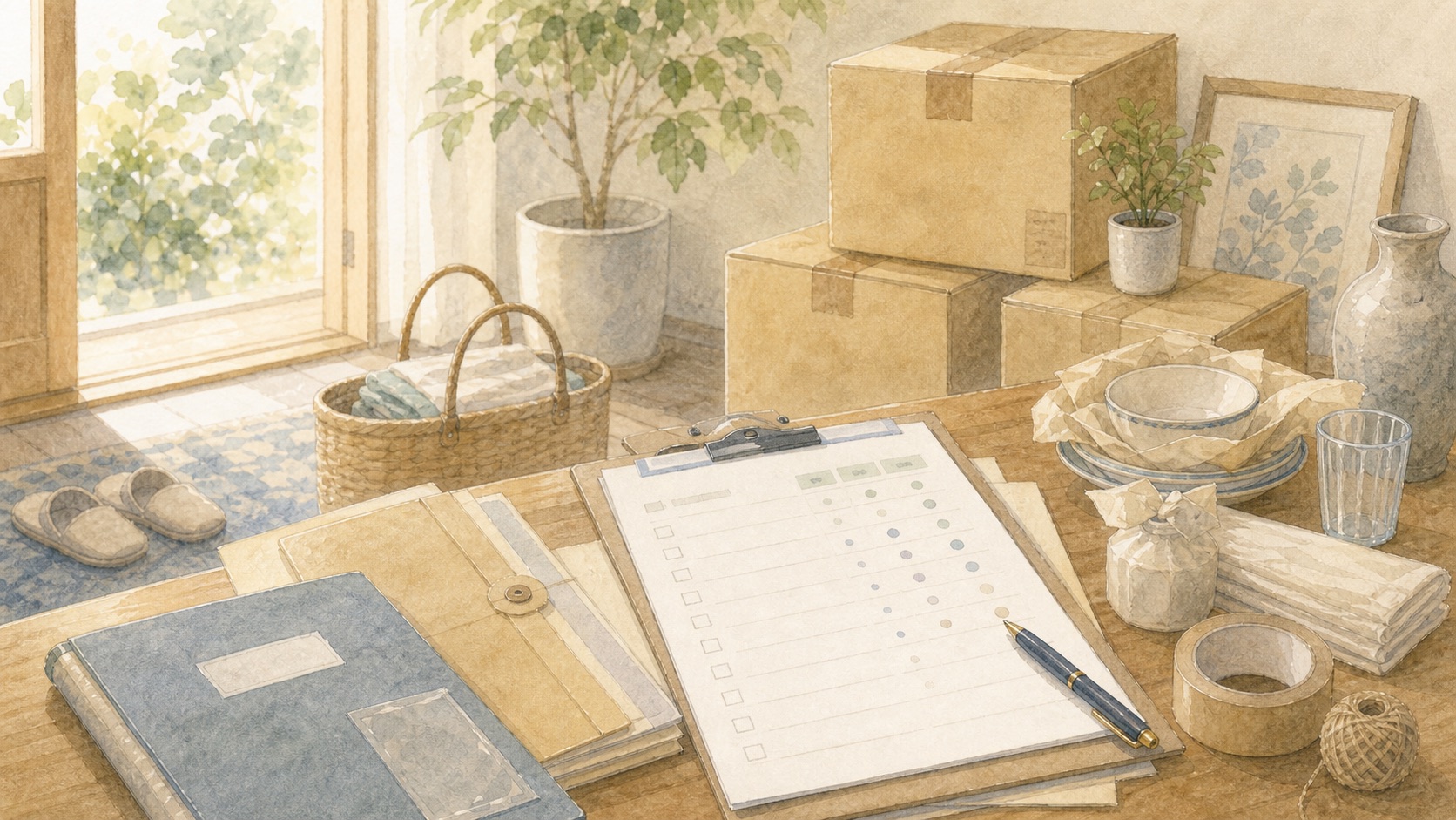 遺品整理の相談先や見積もり資料を机に並べる水彩イラスト