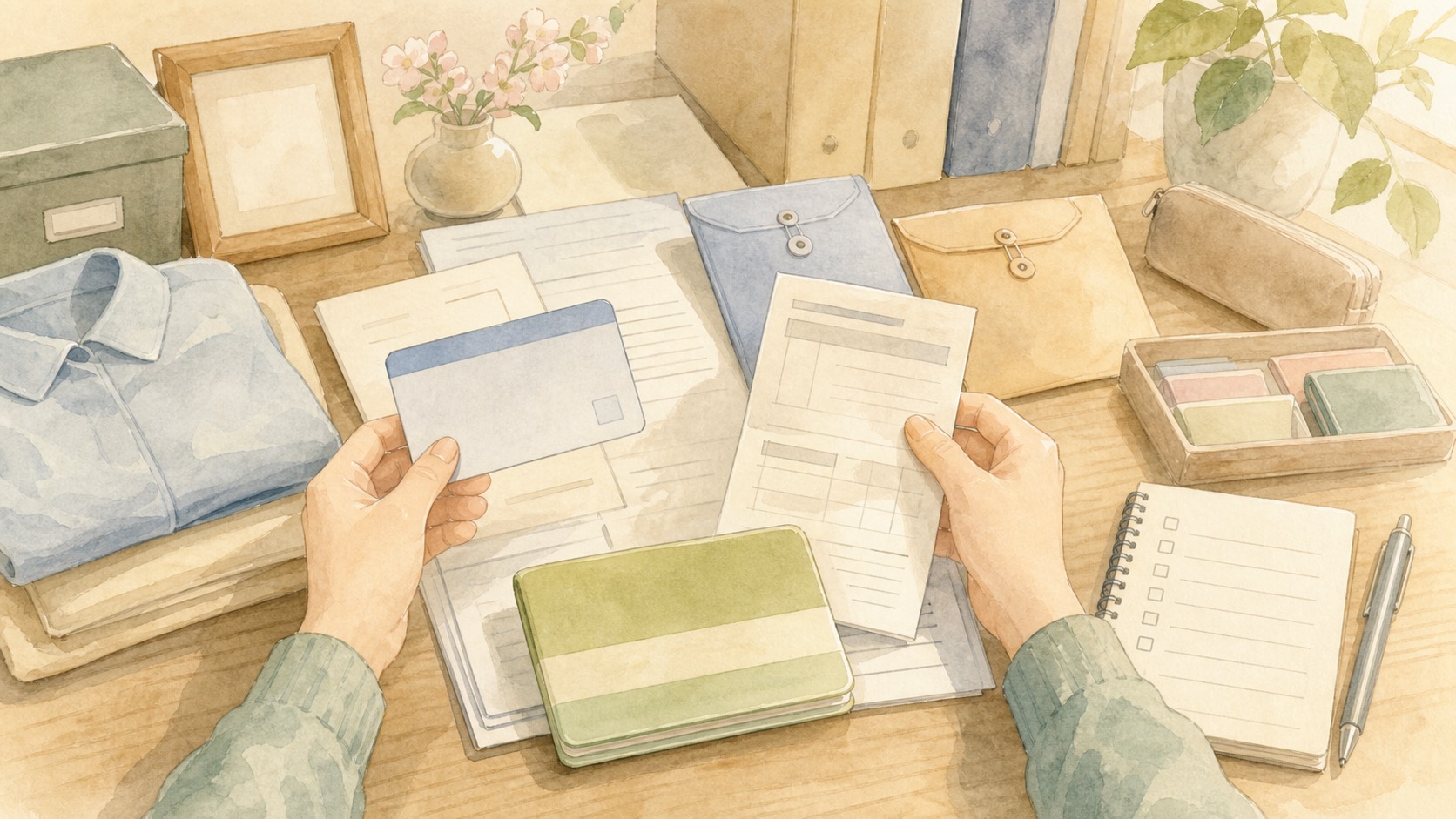 高額療養費の払い戻し申請に関する書類を整理する水彩イラスト