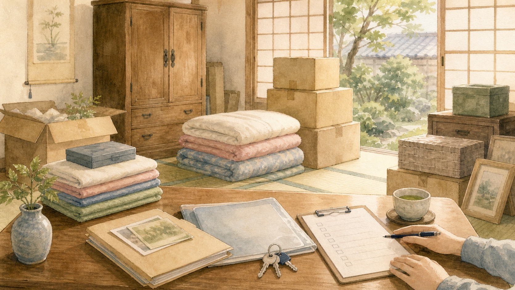 実家じまいに向けて箱や鍵や書類を整理している水彩イラスト