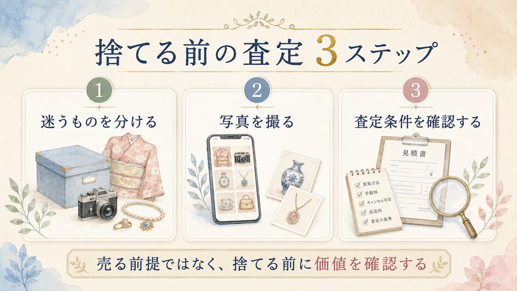実家の片付けで捨てる前に査定する3ステップの図解