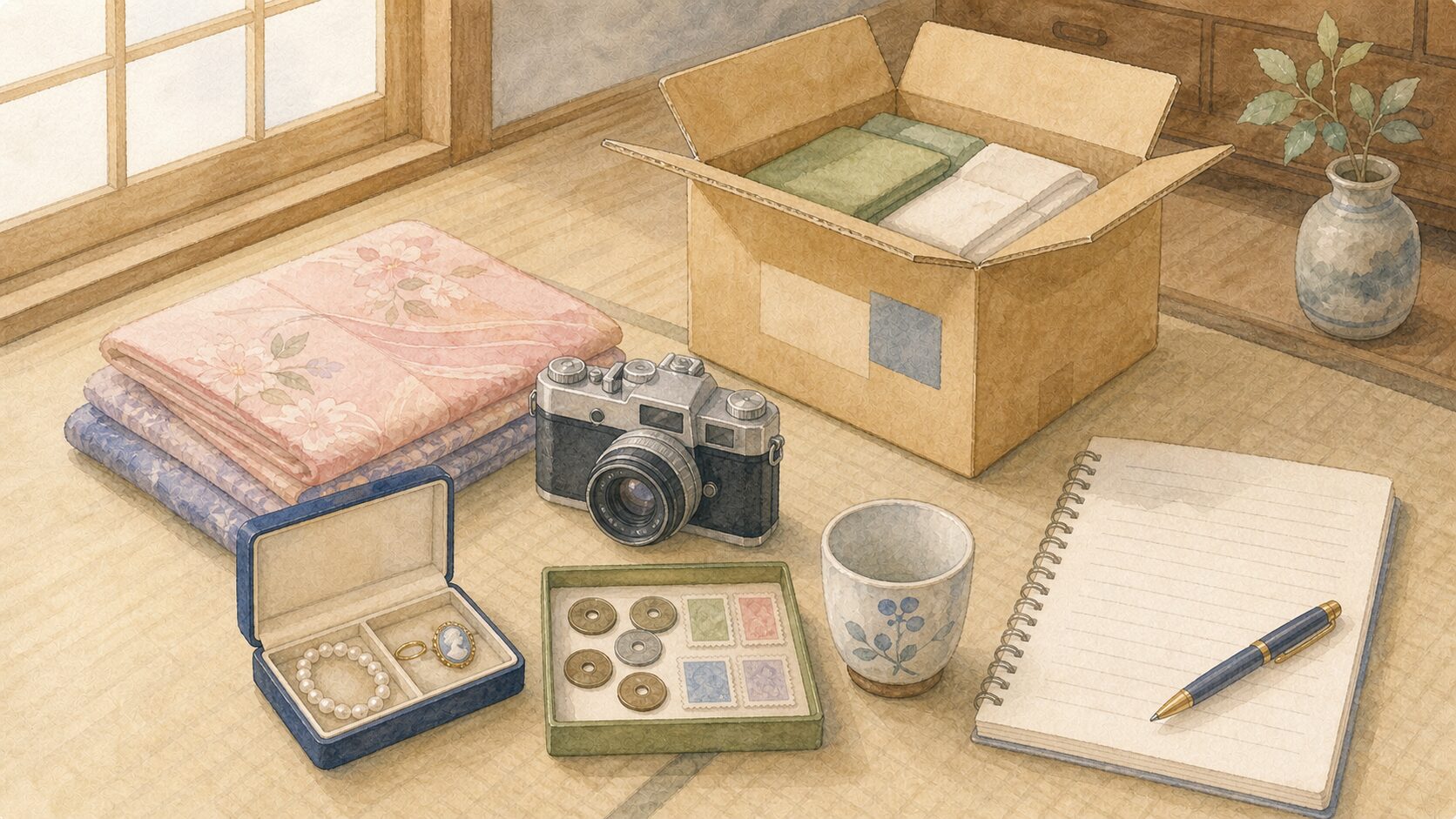 実家の片付けで捨てる前に品物を確認する水彩イラスト