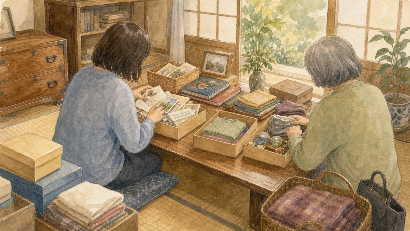 実家の片付けで親子が写真や衣類を分けている水彩イラスト