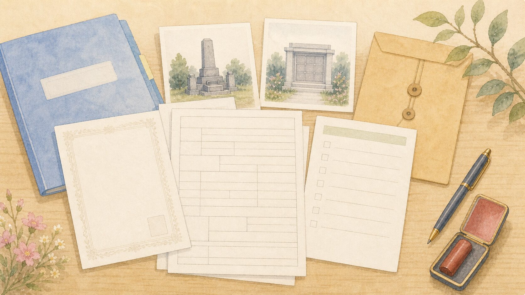 改葬許可申請に必要な書類を整理する水彩イラスト