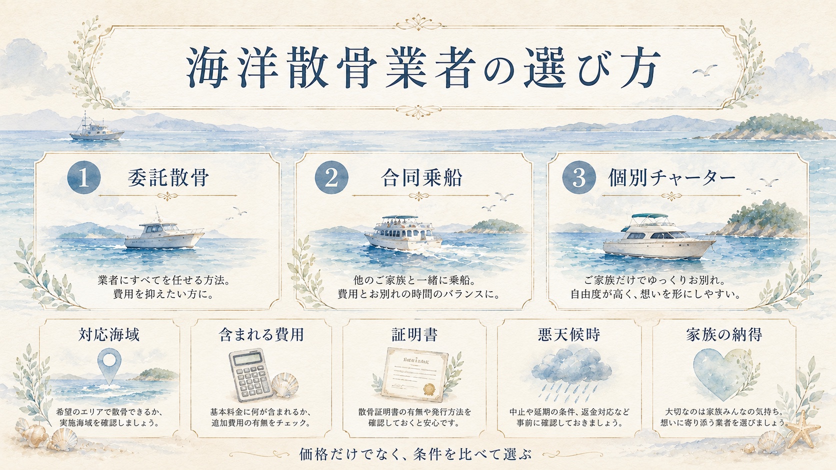 海洋散骨業者の選び方を整理した図解