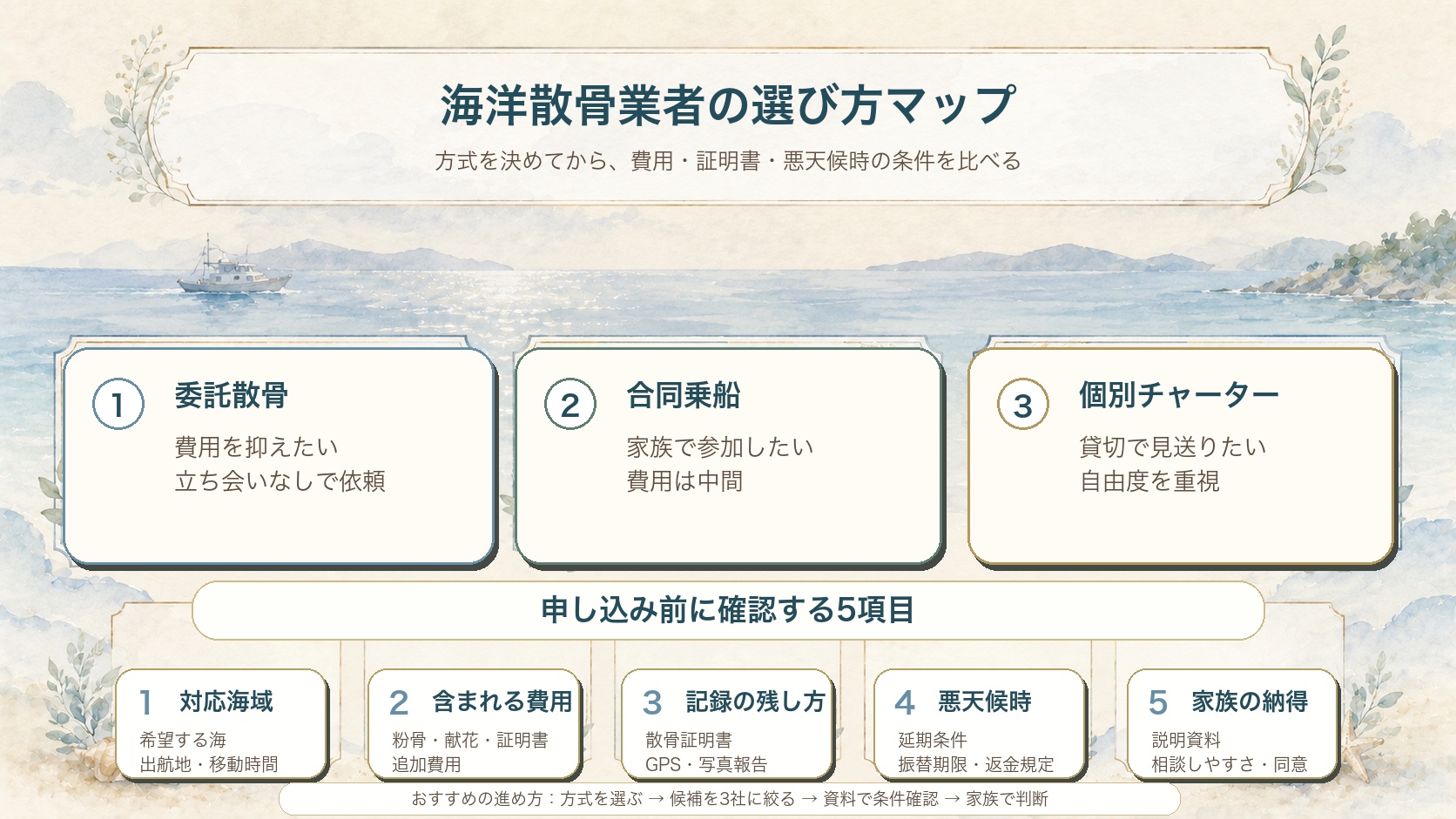 海洋散骨業者の選び方を費用・参加方法・確認項目で整理した水彩図解
