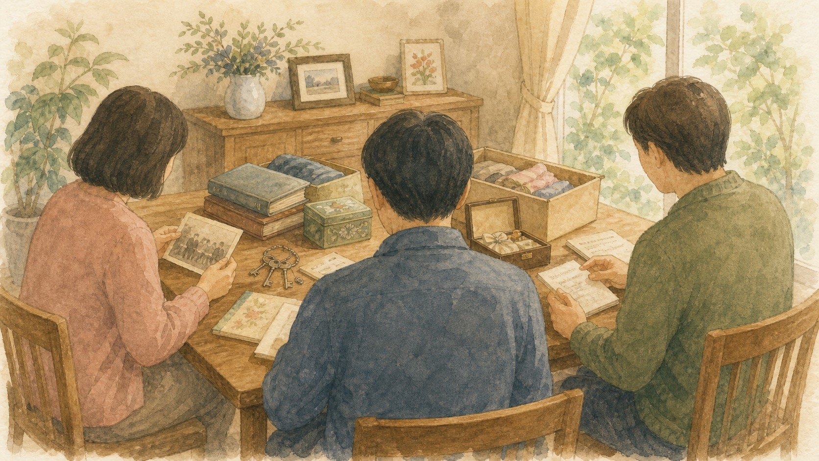 兄弟で遺品や書類を見ながら話し合う水彩イラスト