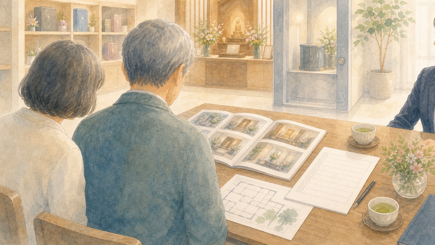 納骨堂の見学前に家族で条件を確認する水彩イラスト