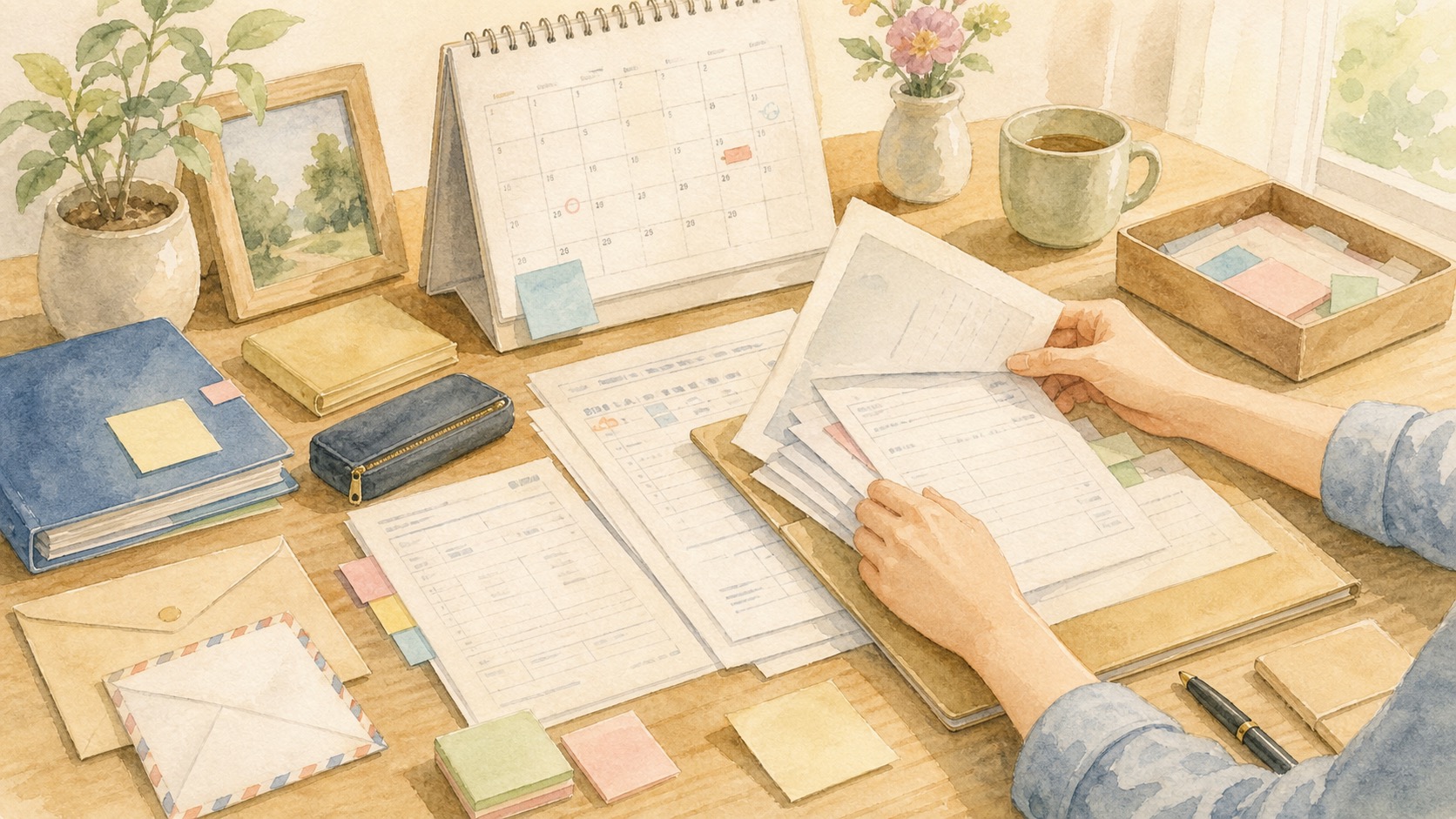 世帯主変更届の期限と書類を確認する水彩イラスト