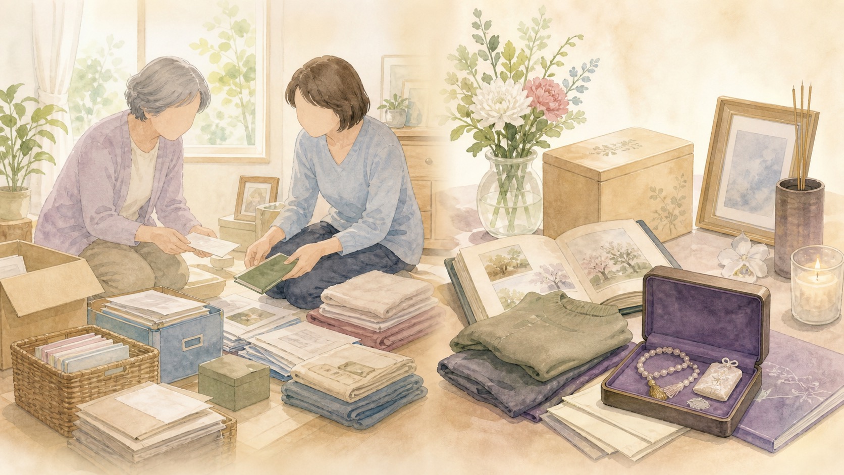 親が元気なうちに書類や思い出の品を整理する水彩イラスト